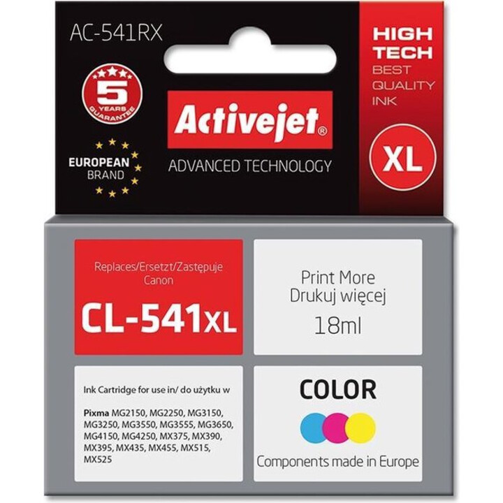 Activejet Tinta AC-541NX para impresora Canon (repuesto Canon CL-541XL) Supreme, 18 ml, azul, amarillo, rojo