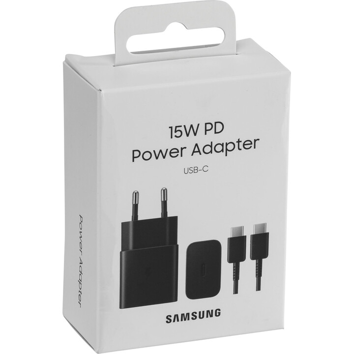 Samsung 15 W 2 A USB-C-Ladegerät + schwarzes USB-C-Kabel für zu Hause