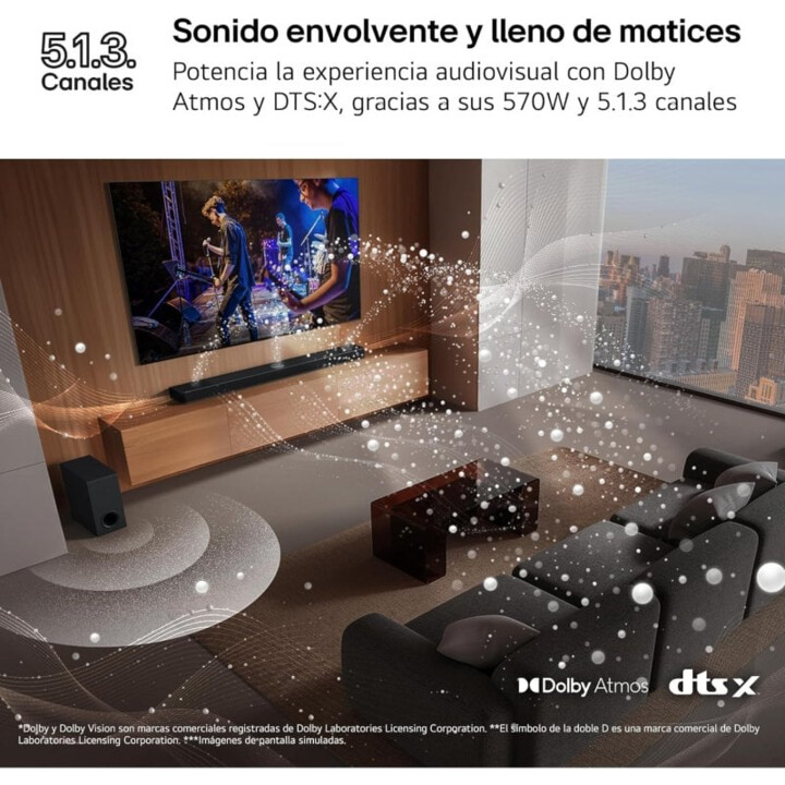 Barra de som para TV - LG S90TY, Bluetooth, 570W, 5.1.3 canais com subwoofer, Dolby Atmos, DTS: X, AI Pronto, Black