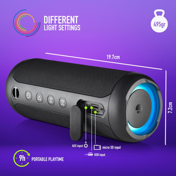 Roller Furia 2 Black portable Bluetooth speaker with FM radio and IPX7 waterproofing