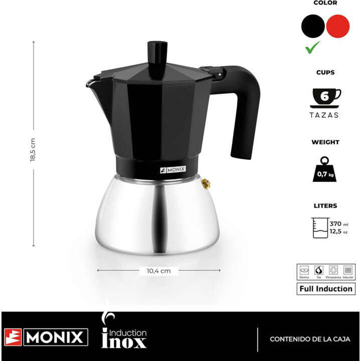 Cafetera Italiana Monix Induction Inox de Aluminio y Acero Inoxidable, 6 tazas de capacidad, Negra