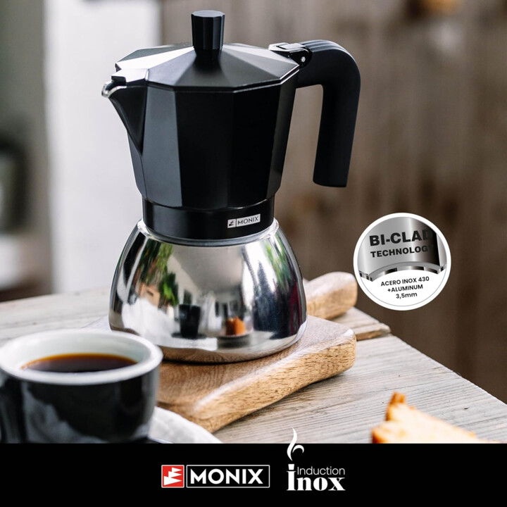 Cafetera Italiana Monix Induction Inox de Aluminio y Acero Inoxidable, 6 tazas de capacidad, Negra