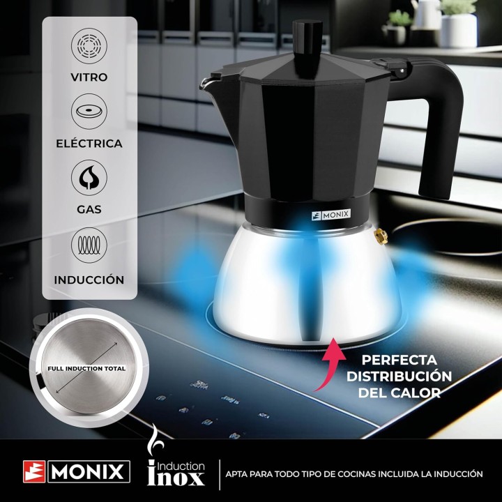 Cafetera Italiana Monix Induction Inox de Aluminio y Acero Inoxidable, 6 tazas de capacidad, Negra