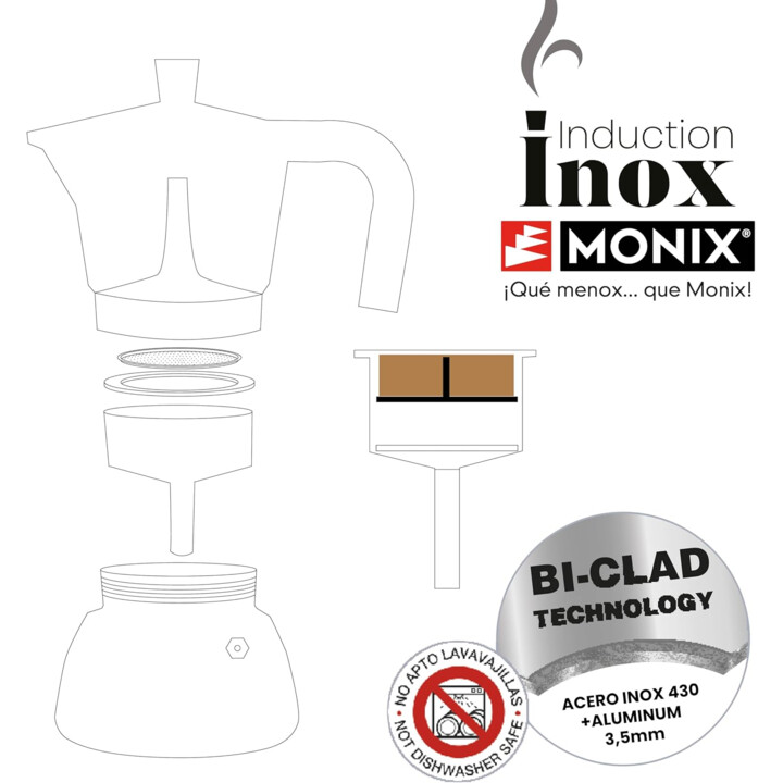 Cafetera Italiana Monix Induction Inox de Aluminio y Acero Inoxidable, 6 tazas de capacidad, Negra