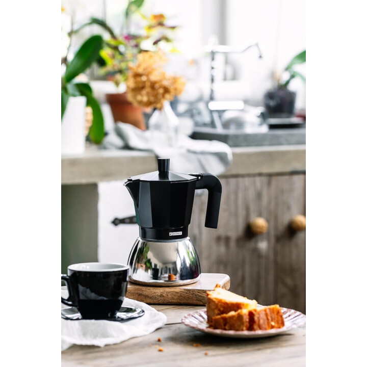 Cafetera Italiana Monix Induction Inox de Aluminio y Acero Inoxidable, 6 tazas de capacidad, Negra