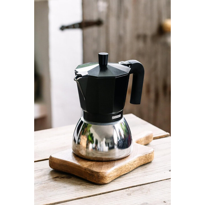 Cafetera Italiana Monix Induction Inox de Aluminio y Acero Inoxidable, 6 tazas de capacidad, Negra