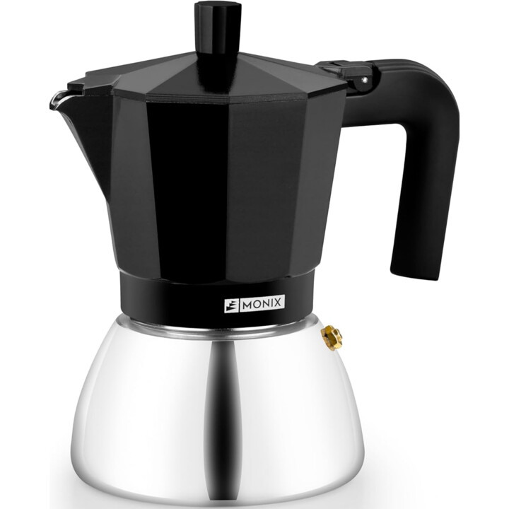 Monix Induction Inox Italian Coffee Maker, Aluminum and Stainless Steel, 6 Cup Capacity, Black