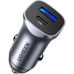 Carregador rápido para carro UGREEN USB-C PD+USB-A QC 24 W cinza