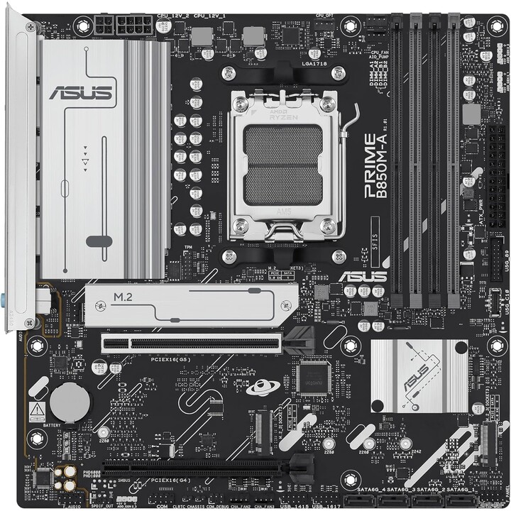 Placa base | ASUS | AMD B850 | SAM5 | Micro-ATX | Memoria DDR5 | Ranuras de memoria: 4 | 1 PCI-Express 4.0 16x | 1 PCI-Express 5