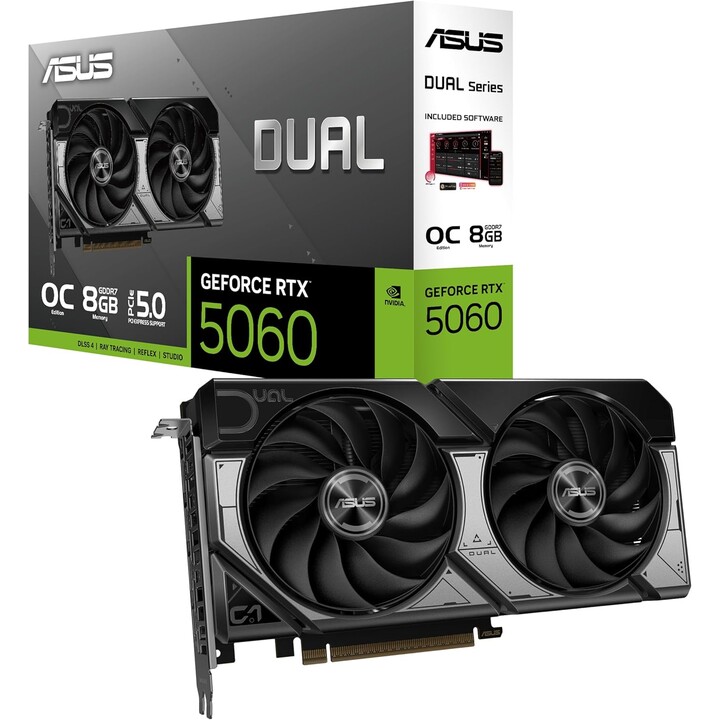 Carte graphique | ASUS | NVIDIA GeForce RTX 5060 | 8 Go | GDDR7 | 128 bits | PCIE 5.0 16x | Ventilateur double emplacement | 1x 