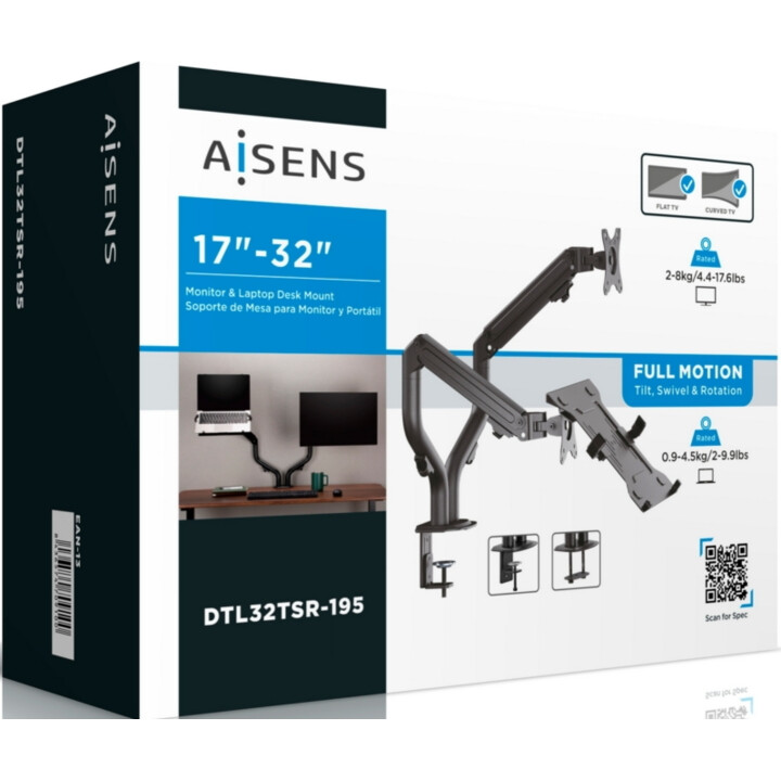 Soporte de Mesa Aisens DTL32TSR-195 para Portátil y Monitor/TV hasta 8Kg de 17-32 Negro