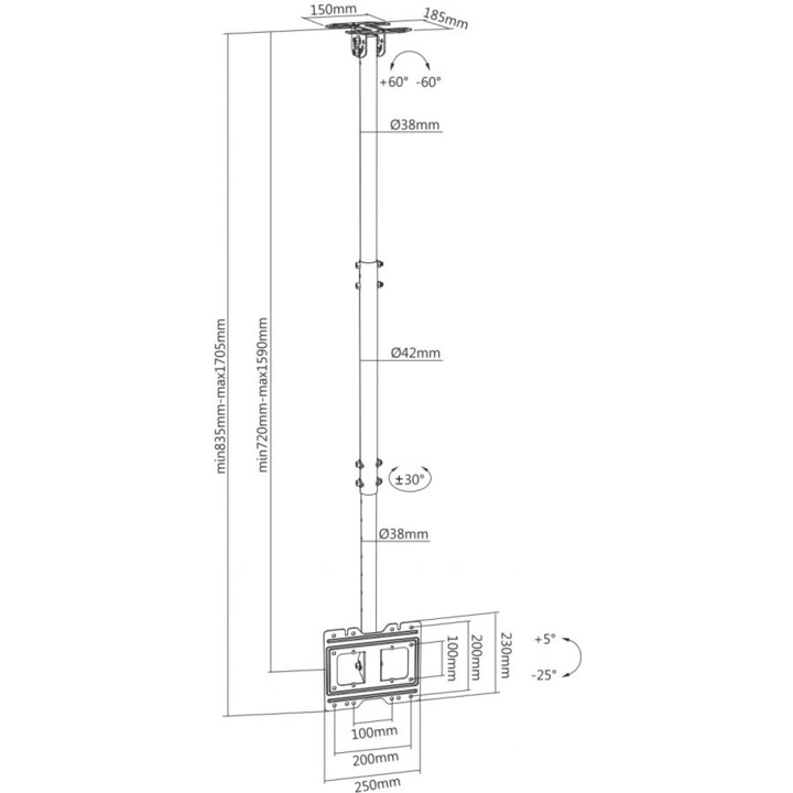 AISENS CT43TSE-053 Montagem do teto, giro, inclinação e extensão (TVS 23"-43")