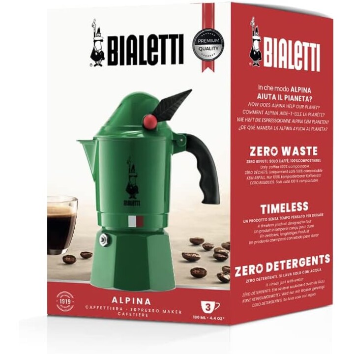 Bialetti Moka Express Alpina: Iconic Colovetop Espresso Machine, Pot Moka a 3 tazze (4,3 once - 4,4 FL Oz), alluminio, verde