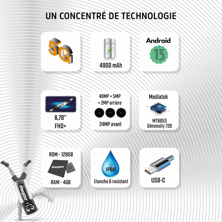 Energizer H67G 5G, 128GB de ROM, 4GB de RAM, pantalla de 6.78 pulgadas, batería de 4900 mAh, impermeable y amortiguador, negro