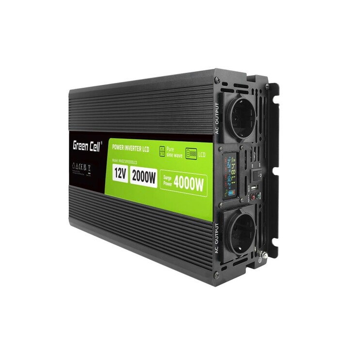 Green Cell Przetwornica napicia PowerInverter LCD 12 V 2000W/40000W Przetwornica samochodowa z wywietlaczem - czysty sinus adapt