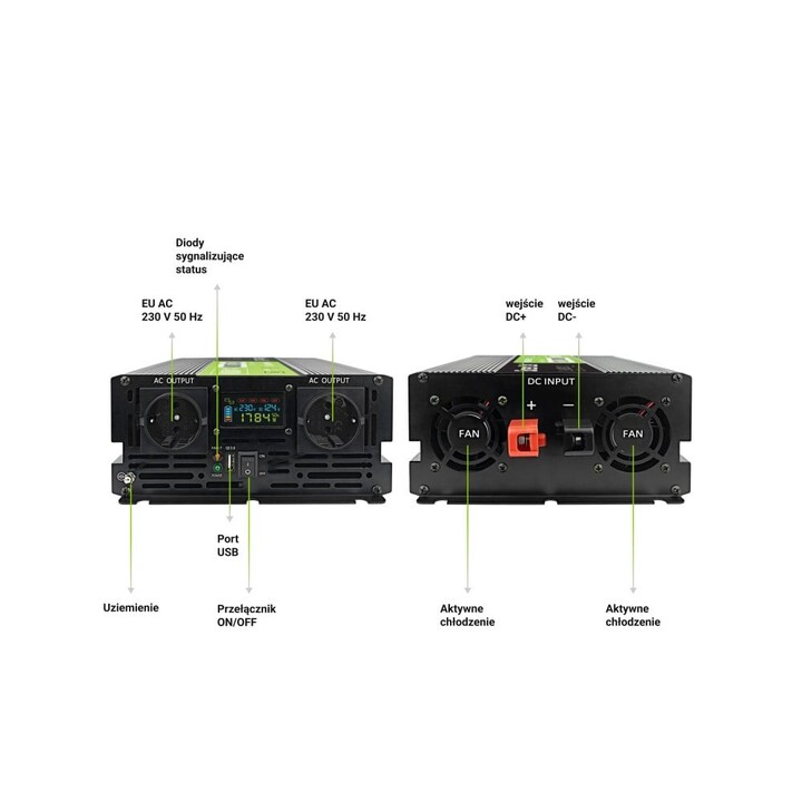 Green Cell Przetwornica napicia PowerInverter LCD 12 V 2000W/40000W Przetwornica samochodowa z wywietlaczem - czysty sinus adapt