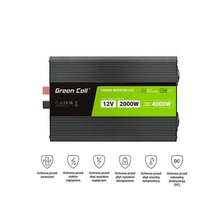 Green Cell Przetwornica napicia PowerInverter LCD 12 V 2000W/40000W Przetwornica samochodowa z wywietlaczem - czysty sinus adapt