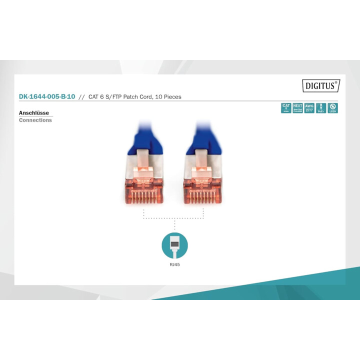 igitus Cat 6 LAN Cabo - 0,5m - 10 peças - Cabo de rede RJ45 - S/FTP blindado - Compatível com CAT 6A e CAT 7 - Blue