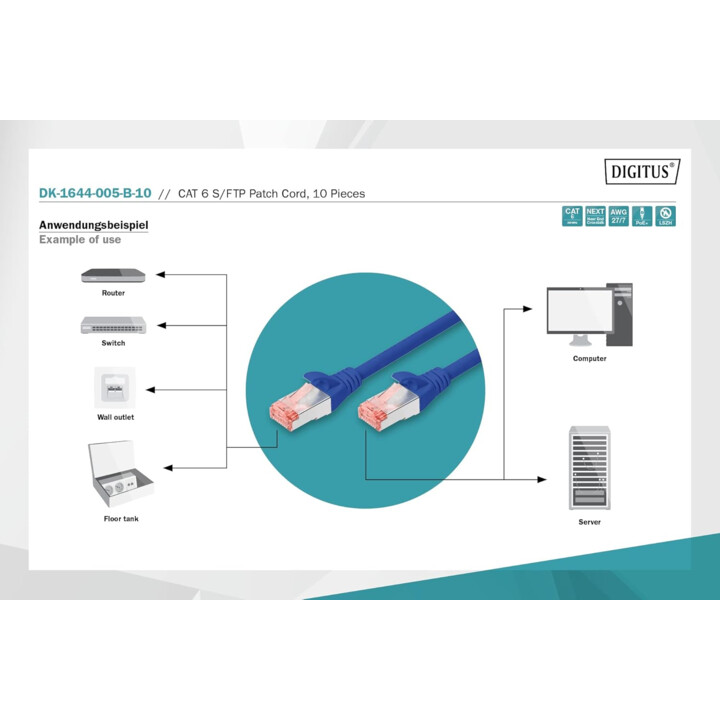 Cable LAN Digitus Cat 6 - 0,5m - 10 Piezas - Cable de red RJ45 - S/FTP Blindado - Compatible con Cat 6A y Cat 7 - Azul