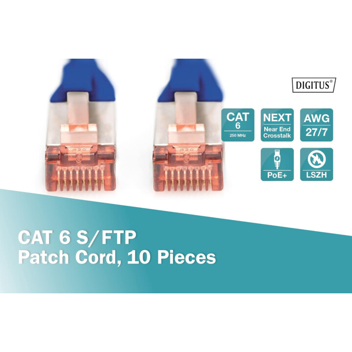 Cable LAN Digitus Cat 6 - 0,5m - 10 Piezas - Cable de red RJ45 - S/FTP Blindado - Compatible con Cat 6A y Cat 7 - Azul