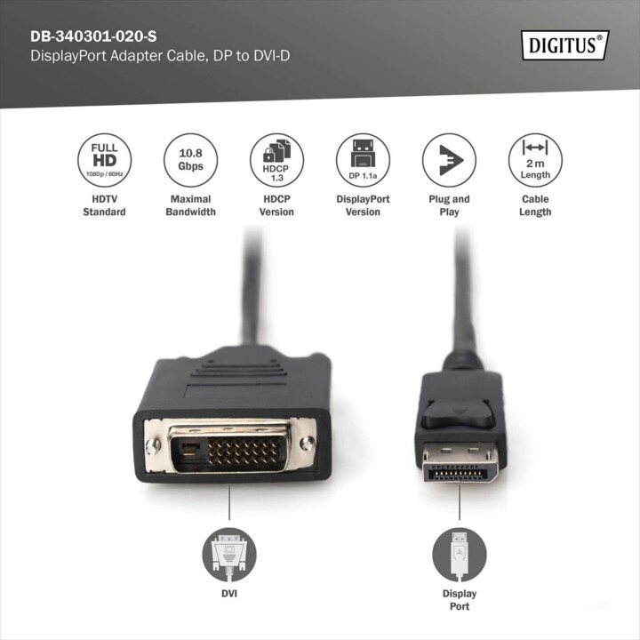 DIGITUS DisplayPort Adapter Cable - DP to DVI (24+1) - Full HD - 2 m - Locking, 60 Hz - Compatible with Monitor, PC