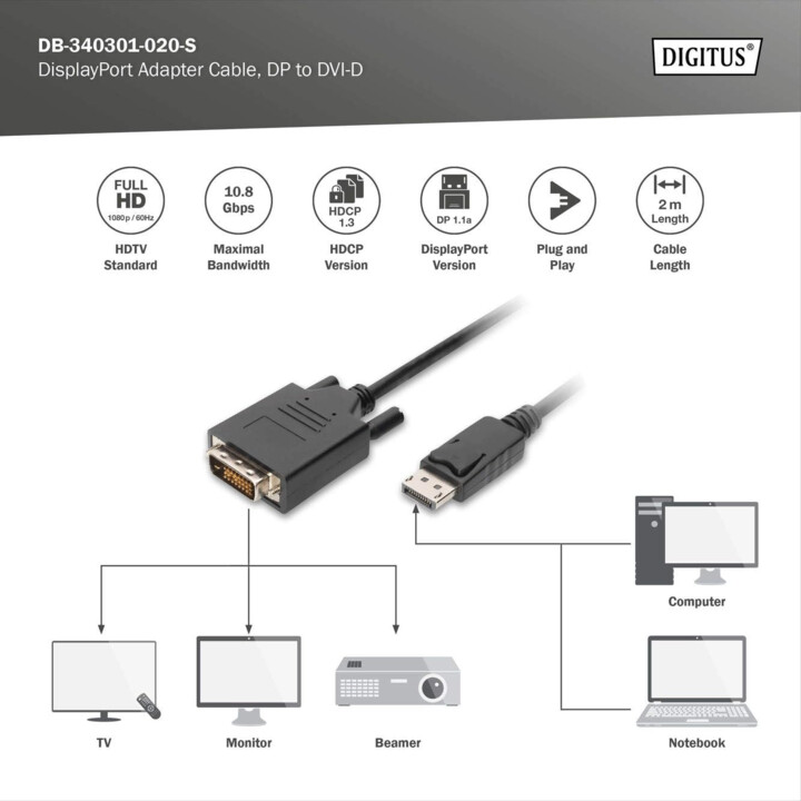 DIGITUS DisplayPort Adapter Cable - DP to DVI (24+1) - Full HD - 2 m - Locking, 60 Hz - Compatible with Monitor, PC