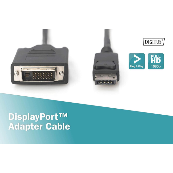 Digitus DisplayPort -Adapterkabel - DP zu DVI (24+1) - Full HD - 2 m - Verriegelung, 60 Hz - kompatibel mit Monitor, PC