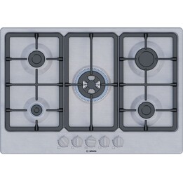 Bosch, Serie 4 PGQ7B5K90, piano cottura a gas a 5 fuochi da incasso da 75 cm con potente bruciatore Wok, acciaio inox