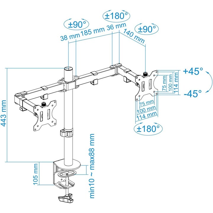Soporte de mesa TOOQ DB1232TN-B para 2 pantallas 13"-32", Compatible con VESA: 75x75 y 100x100
