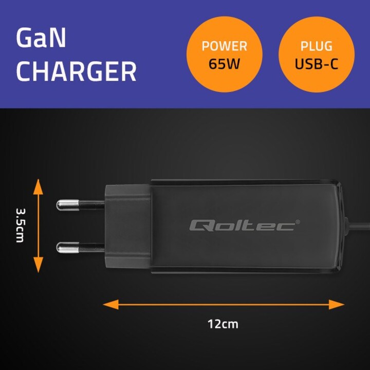 Qoltec 52419 Cargador superrápido GaN de 65 W | 5-20 V | 3-3,25 A | USB-C 3.1