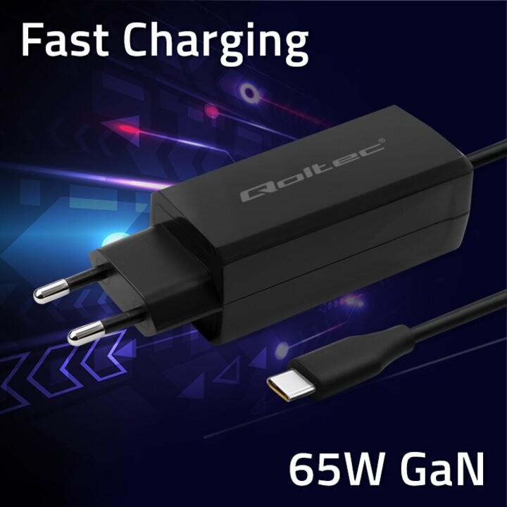 Qoltec 52419 Cargador superrápido GaN de 65 W | 5-20 V | 3-3,25 A | USB-C 3.1