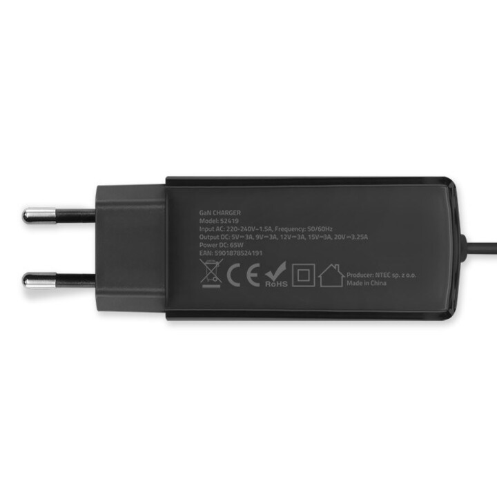 Qoltec 52419 Cargador superrápido GaN de 65 W | 5-20 V | 3-3,25 A | USB-C 3.1