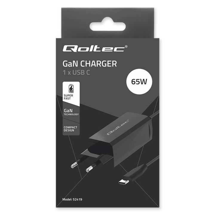 Qoltec 52419 Cargador superrápido GaN de 65 W | 5-20 V | 3-3,25 A | USB-C 3.1
