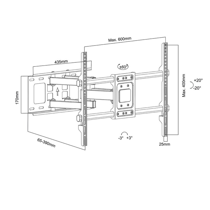 Supporto TV Maclean, VESA massimo 600x400, 32-85", 60 kg, regolazione dell angolo orizzontale e verticale, profilo 65-3