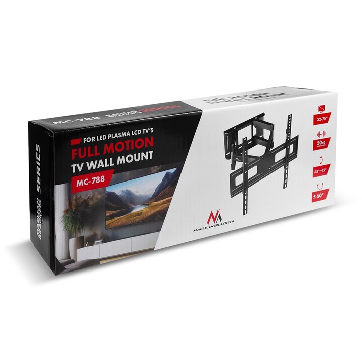 Support TV Maclean, max VESA 600x400, 32-85", 60kg, réglage de l'angle horizontal et vertical, profilé 65-390mm, noir, MC-789