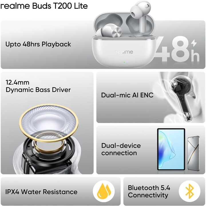 Realme buds T200 lite, controladores dinámicos de 12.4 mm, hasta 48 horas, 45 mm, impermeables IPX4, gris
