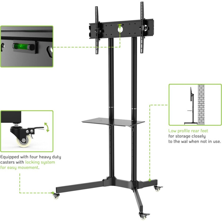 Techly ICA-TR6 Chariot de sol avec étagères pour LCD/LED/Plasma 30-65 Noir