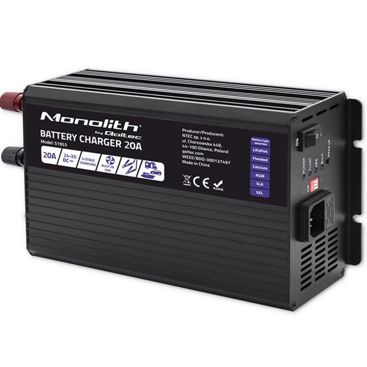 Qoltec Smart Monolith Batterieladegerät für LiFePO4 AGM GEL SLA-Batterien | 20A | 24V
