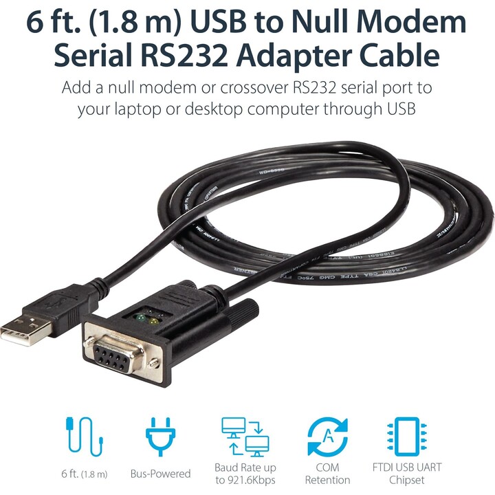 StarTech.com 1.8m 1-Port USB auf Seriell RS232 Adapter, FTDI DB9 Seriell DCE Adapterkabel, Null Modem, USB 2.0, TAA-Konform