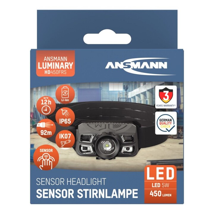 Lanterna de cabeça LED Ansmann HD450FRS preta e cinza