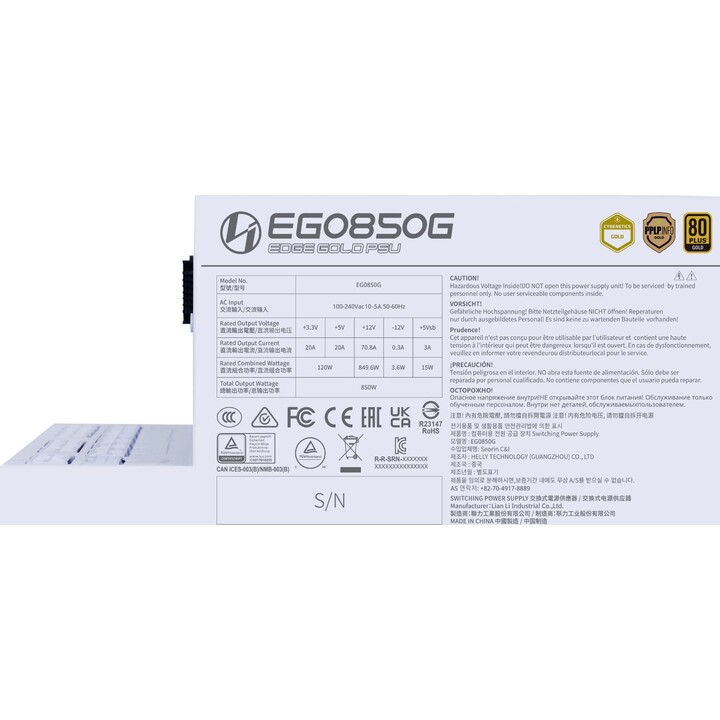 Fonte de alimentação|LIAN LI|EDGE GOLD 850|850 Watts|Eficiência 80 PLUS GOLD|PFC ativo|G9P.EG0850G.W000.EU