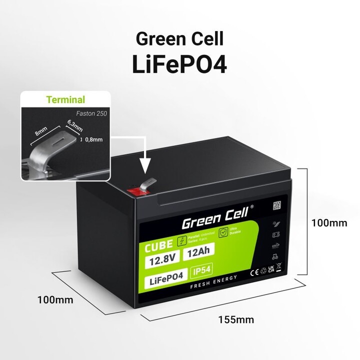 Green Cell LFPGC12V12AH batería para sistema ups Fosfato de hierro-litio (LiFePo4) 12,8 V 12 Ah
