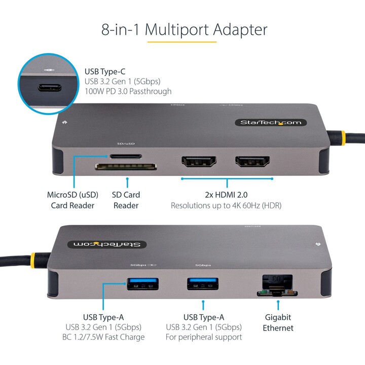 STARTECH 120B-USBC-MULTIPORT USB-C multiport adapter with 2x HDMI 4K 60Hz gray