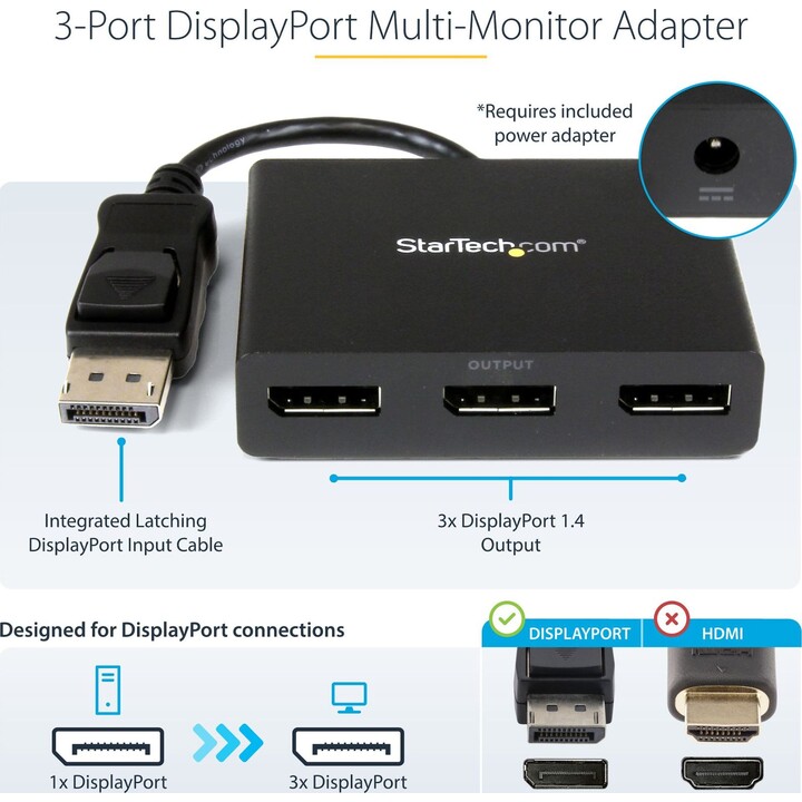 StarTech.com MSTDP123DP Divisor DisplayPort de 3 puertos negro
