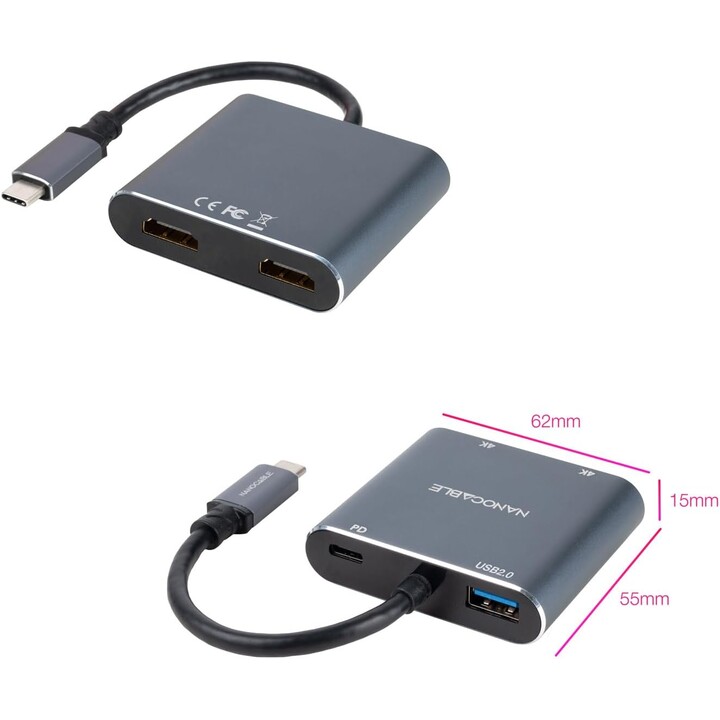 Nanocable USB-C a 2XHDMI/USB2.0/PD Converter