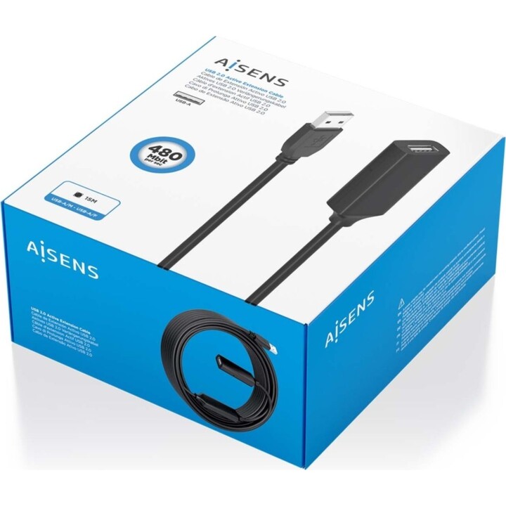 Aisens USB 2.0 Extension Cable with Amplifier, Type A/M-A/F, Black, 15M