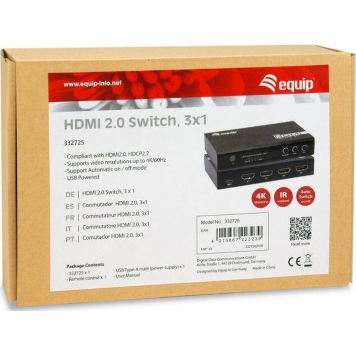 HDMI 2.0 Switch, 3x1, Equip