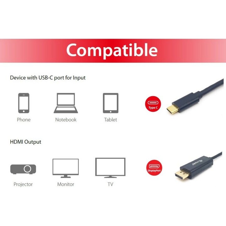 Cable USB-C a DisplayPort, M/M, 2.0m, 4K/60Hz, Equip