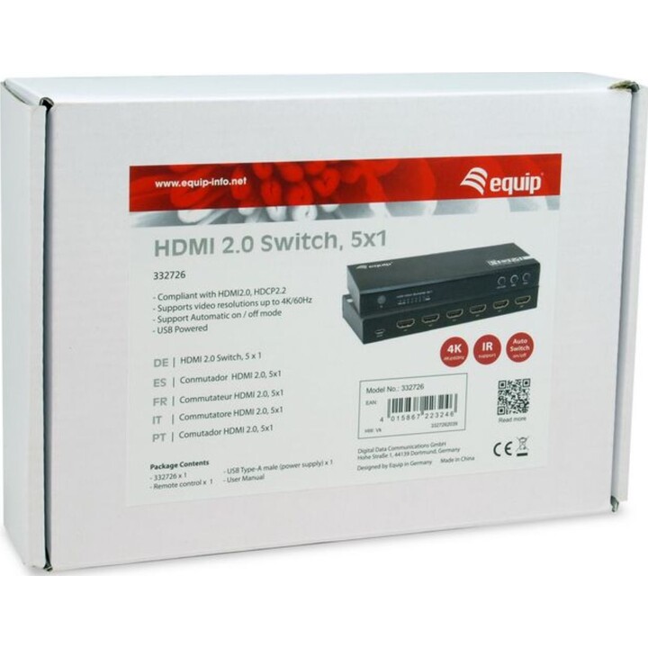 Conmutador de vídeo HDMI 2.0, negro, Equip