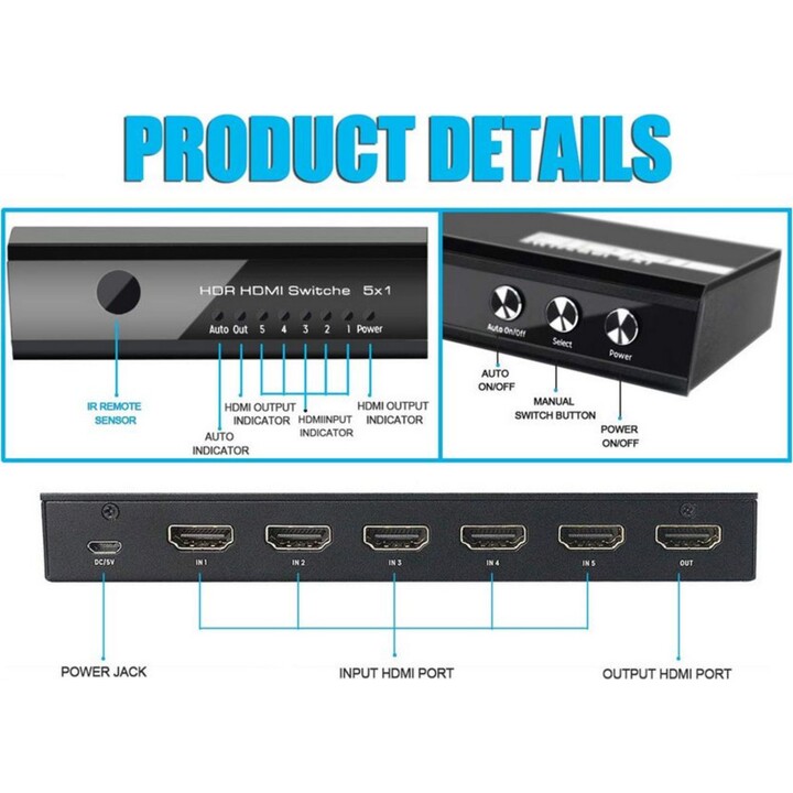 Conmutador de vídeo HDMI 2.0, negro, Equip